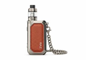 A woman's hand holding a sleek, leather-wrapped vape device, with a stylish handbag in the blurred background.