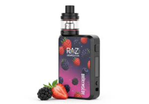 A RAZ Dream Edition vape pen surrounded by a vibrant mix of fresh blueberries, raspberries, and strawberries.