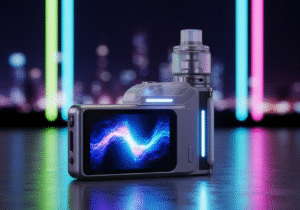 A futuristic-looking vape with an animated screen, resting on a surface with glowing neon lights in the background.