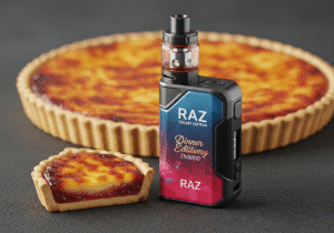 A delicious-looking lemon tart with a golden-brown crust sitting next to a sleek, modern vaping device.