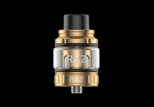 A sleek RAZ vape device placed neatly on a clean desk next to a laptop and notebook.