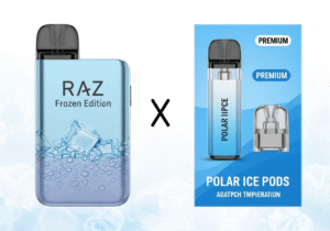 Two Philosophies of Cooling Vapes A sleek disposable vape next to a more complex pod system, both with icy blue and silver aesthetics.
