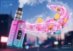 The Taste of Pink Lemonade Vape Flavor A tall, cool glass of pink lemonade with a lemon slice and strawberries.