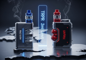 A shipping container door slightly ajar, with boxes of vapes inside, against a backdrop of the UK flag.