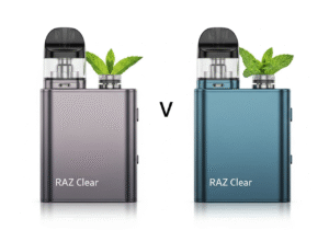 A minimalist photo showing a clean, clear piece of ice or crystal next to a sleek, high-tech vaping device.