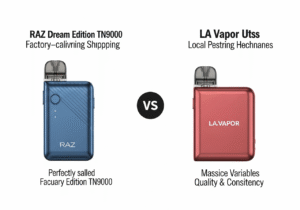 A stylish disposable vape device held in hand against a modern city backdrop