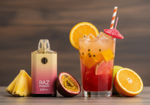 Hawaiian Cocktail on a Beach A vibrant Hawaiian cocktail with tropical fruit garnishes on a beachside table.