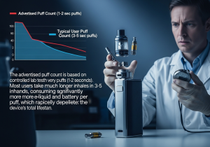 A scientist in a lab coat observing a vaping machine taking short, controlled puffs