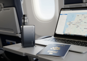 A person's hand holding a durable, compact vape against the backdrop of a packed backpack and hiking gear.