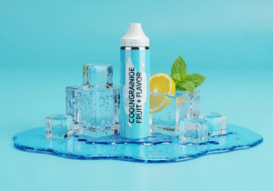 Continued Growth of Cooling Vape Flavors A graph showing upward arrow trends over a backdrop of fresh fruits and ice cubes.