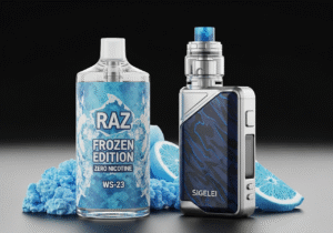 A powerful, high-end customized vape mod sitting on a workbench next to tools.