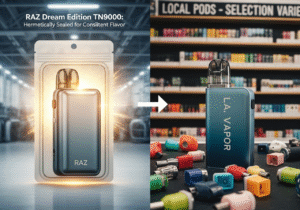 Close-up shot of vape e-liquid being dripped into a device, highlighting the liquid's clarity