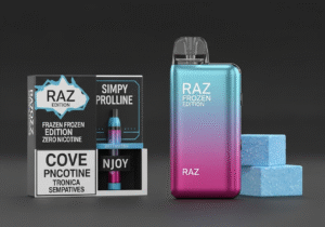 A diverse group of young adults socializing outdoors, one of them using a vape discreetly.