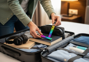 A person packing a suitcase, placing a slim, colorful vape next to their essentials like headphones and a book.