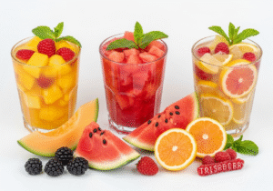 A flat lay of fresh fruits showcasing popular pairings like mangoes with strawberries and lemons with raspberries.