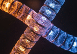 A close-up shot showing two intertwined mesh coils glowing, symbolizing a dual-blend system.
