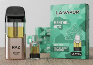 A menthol vape product surrounded by fresh mint leaves and ice crystals