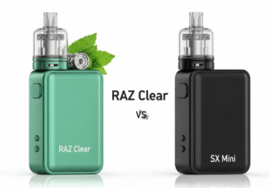 A split-screen image showing a sealed, all-in-one disposable vape on one side and a disassembled high-end mod with its separate parts on the other.