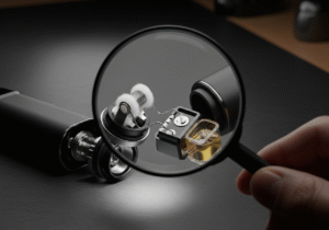 A magnifying glass hovering over the technical components of a sleek disposable vape.