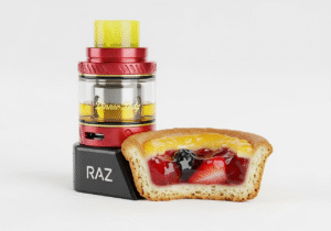 A side-by-side comparison of a bottle of e-liquid and a high-tech disposable vape, both with lemon tart imagery.