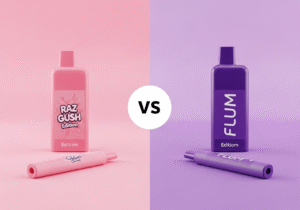 Three RAZ GUSH Edition vapes artfully arranged with travel-themed props like sunglasses and a travel map.