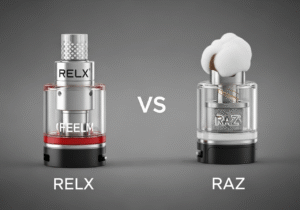 A side-by-side macro shot of a ceramic vape coil and a traditional cotton-wicked coil.