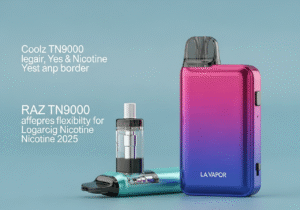 A collection of different vape devices and pods laid out on a clean surface