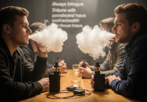 Respectful Social Vaping Etiquette Two people talking respectfully on a balcony at night, one holding a vape and being mindful of the other person's space.