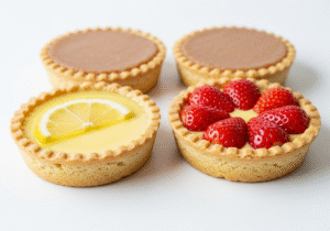 A beautiful display of three different tarts: a yellow lemon tart, a red strawberry tart, and an almond-topped Bakewell tart.