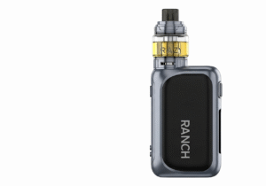 A RAZ vape device sitting on an airplane tray table next to a window with clouds outside.