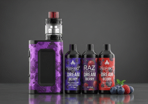 A person looking relaxed and satisfied while using a RAZ vape, with their complicated box mod sitting unused on the side.