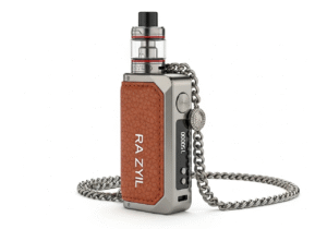 A flat lay of luxury 'consumable' items: a bottle of Chanel perfume, a Tom Ford lipstick, and the RAZ RYL Classic vape.