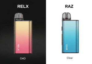 A warehouse with two distinct sections: one with brightly colored, branded boxes (RELX) and another with plain white boxes (RAZ Clear).