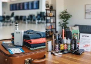 A vape device next to a passport and travel bag, ready for an international journey