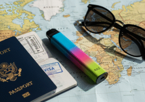 A colorful disposable vape resting on a world map next to a passport and sunglasses.