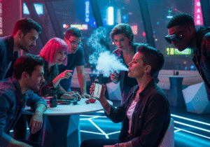A young person holding a futuristic vape, with their friends in a social setting looking on with interest.