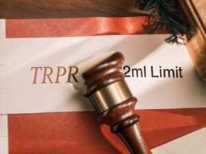 A legal document with a gavel resting on it, with the words "TRPR" and "2ml Limit" visible.