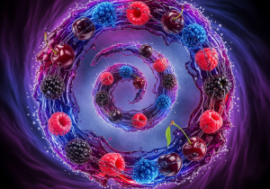 A dark, moody image with sour gummy worms and dark berries like blackberries and raspberries