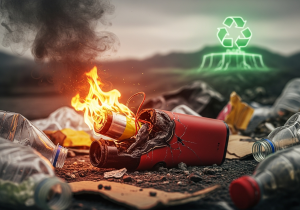 An illustration showing a vape in a landfill with warning signs for fire and toxic waste around it