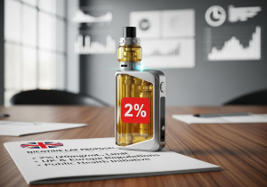 A vape liquid bottle with a large "2%" label on it, signifying a lower nicotine cap