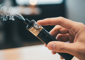 A person vaping in a relaxed, calm manner, not in a hurry