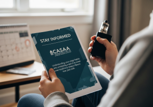 A person reading news about vaping on their smartphone, looking informed and prepared