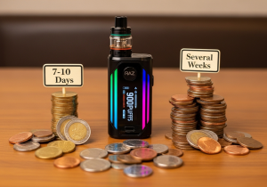 A calendar with a week highlighted, next to a partially used Raz TN9000 vape