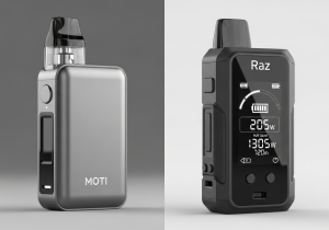 A sleek, minimalist MOTI vape next to a functional, screen-equipped Raz vape on a modern desk