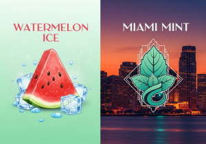 A simple split-image showing a slice of watermelon and fresh mint leaves