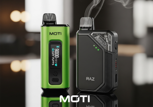 A scale balancing a Raz vape on one side and a MOTI vape on the other, with price tags attached