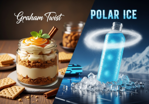 A graham cracker next to a glass of milk, and a separate energy drink can covered in frost