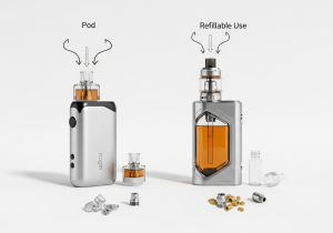 A reusable, refillable vape device sitting next to a bottle of e-liquid