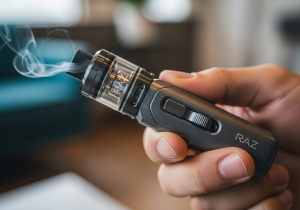 A person confidently putting down a pack of cigarettes and picking up a Raz vape