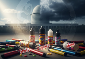 A colorful array of fruit-flavored vapes with a "banned" stamp over them